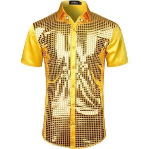 70s Disco Costume Silver Sequins Short Sleeve Button Down Shirts, Yellow Silver